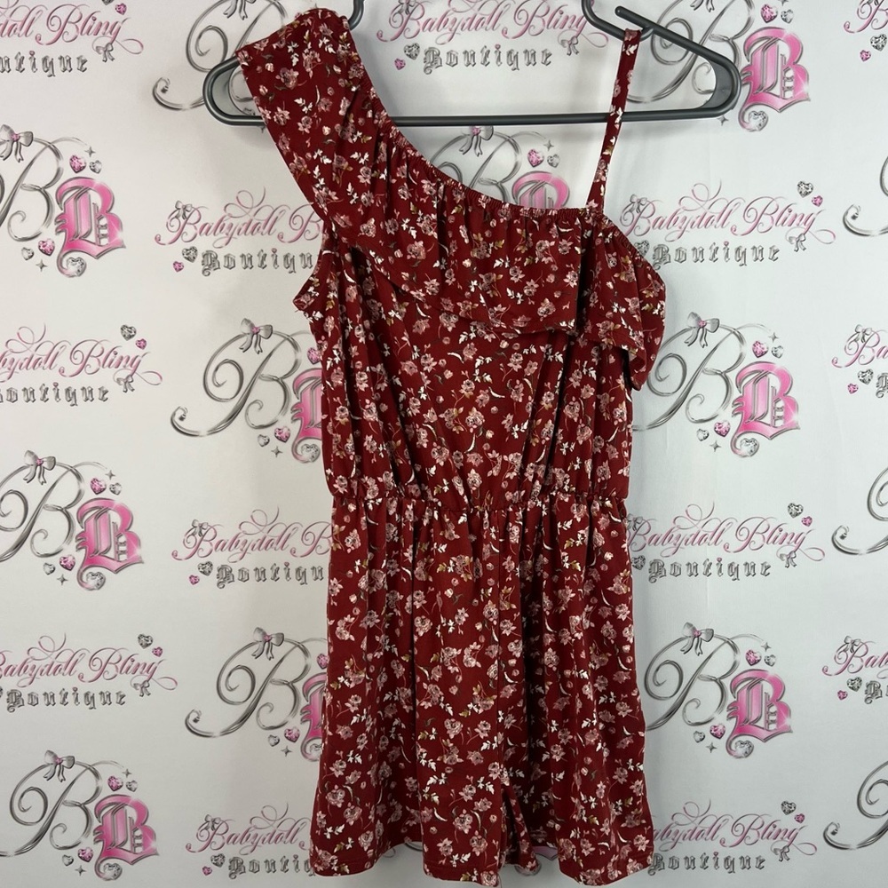 Love & Maddy romper dress one shoulder red Pink and White Floral Dress